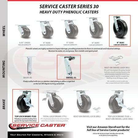 Service Caster 8 Inch Phenolic Swivel Caster Set with Roller Bearings 2 Brakes SCC-30CS820-PHR-2-TLB-2